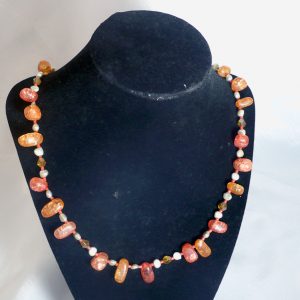 Red/Orange GlassBead Freshwater Pearl – Necklace