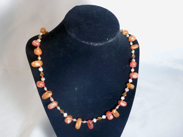 Red/Orange GlassBead Freshwater Pearl – Necklace