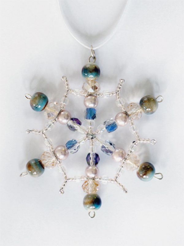 Blue, white and grey beaded snowflake pendant
