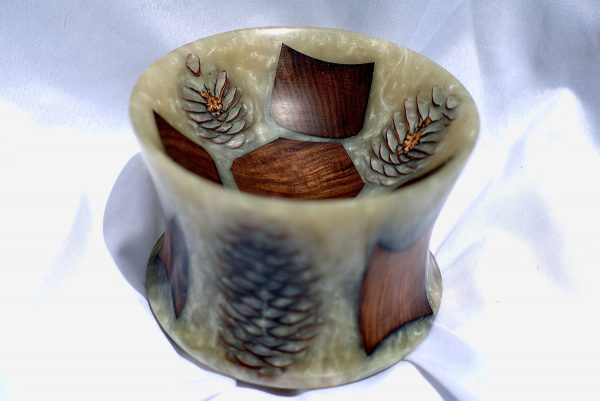 Jatoba wood bowl with pinecones and resin