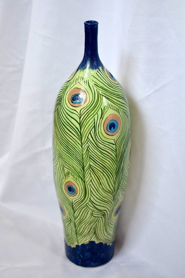 Tall bottle Peacock feather green